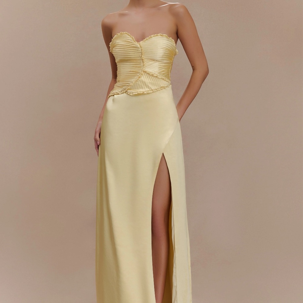 Larissa Satin Maxi Dress with Ruched Petals- Lemon